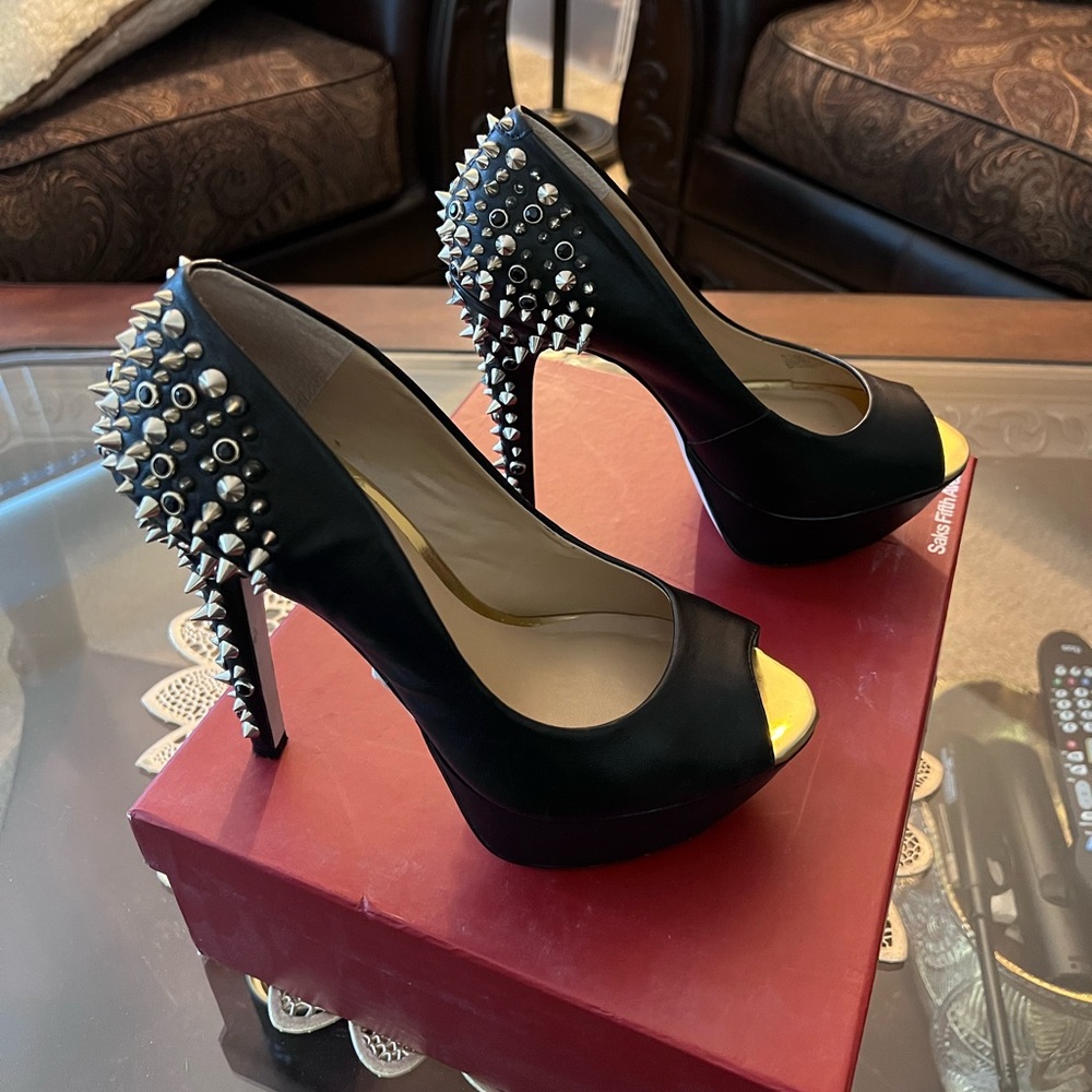 Red Saks Fifth Avenue black and gold spikes platform shoes